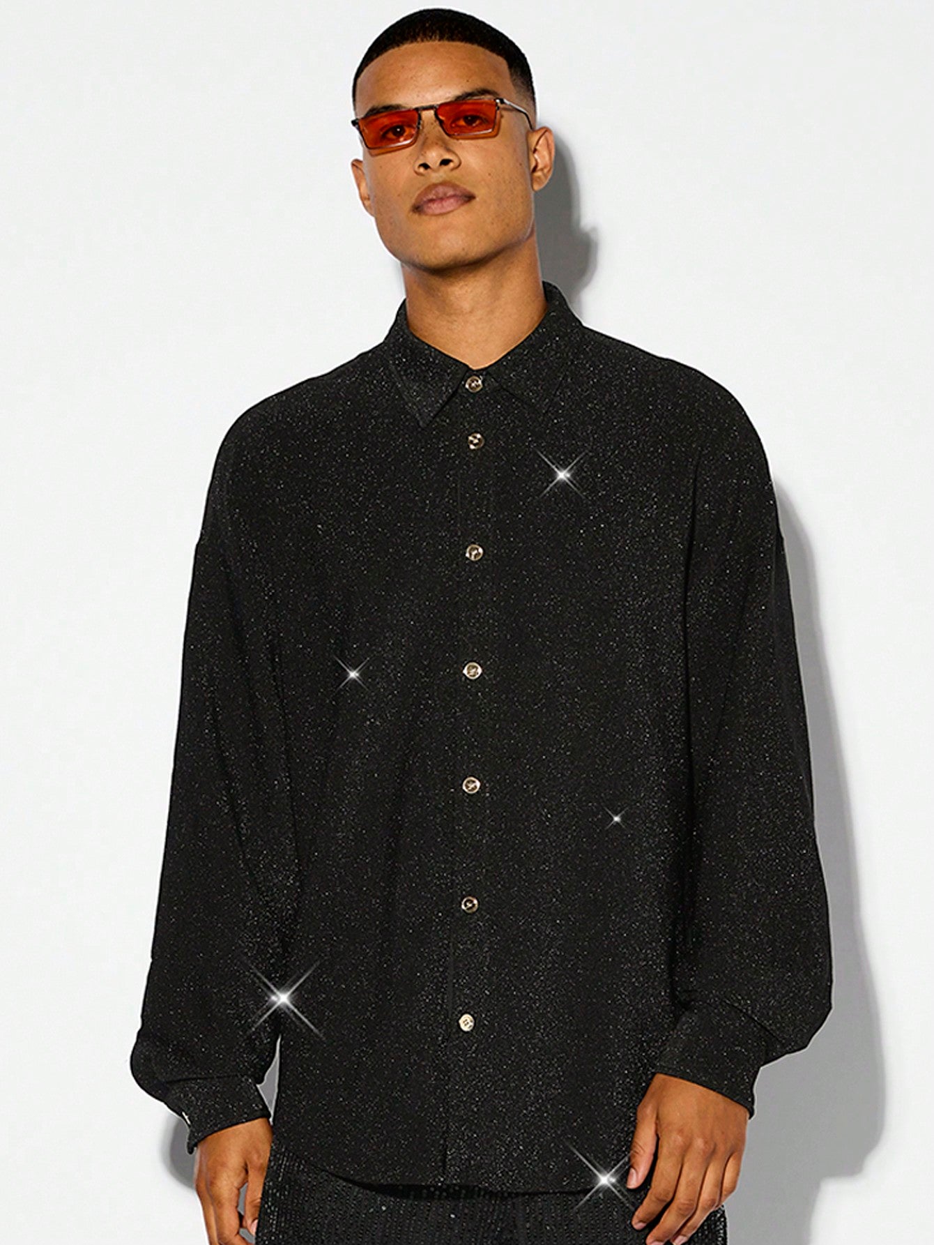 Men's Beach Outfits, Summer Lightweight Breathable Shiny Nightclub Party Casual Woven Reflective Black Long Sleeve Shirt