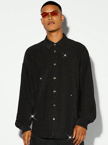 Men's Beach Outfits, Summer Lightweight Breathable Shiny Nightclub Party Casual Woven Reflective Black Long Sleeve Shirt