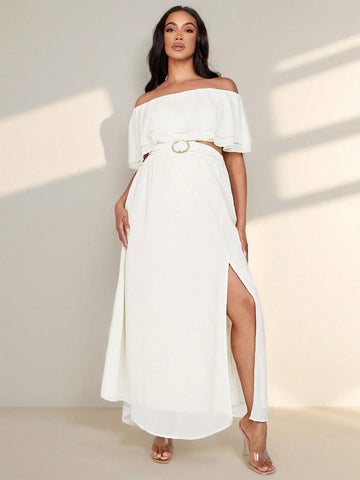 Maternity Elegant Party Off-Shoulder Crop Top & Bodycon Skirt Set With Waist Belt And Buckle