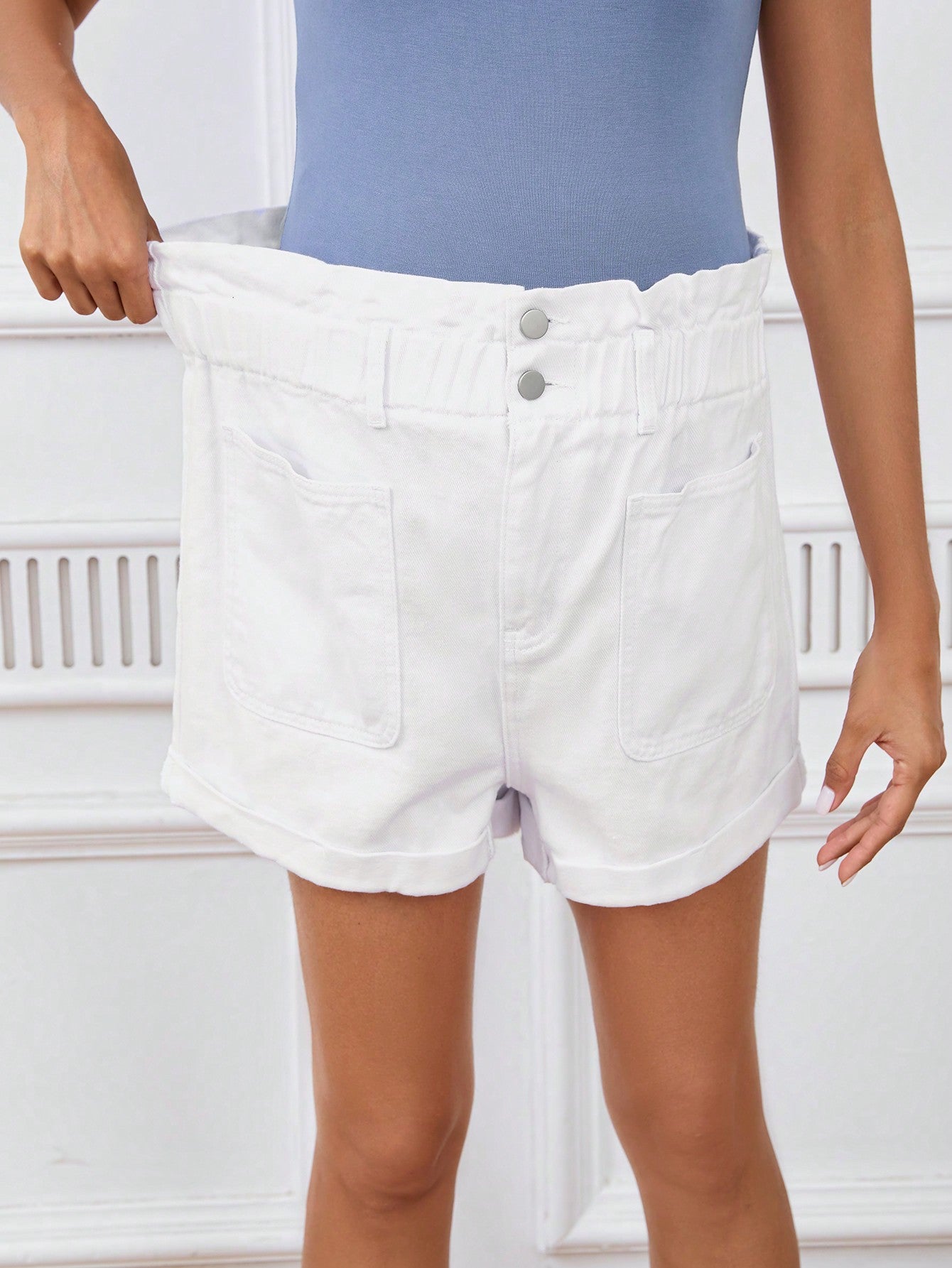 Maternity Denim Shorts With Mushroom Edging, Double Pockets And Elastic Waist