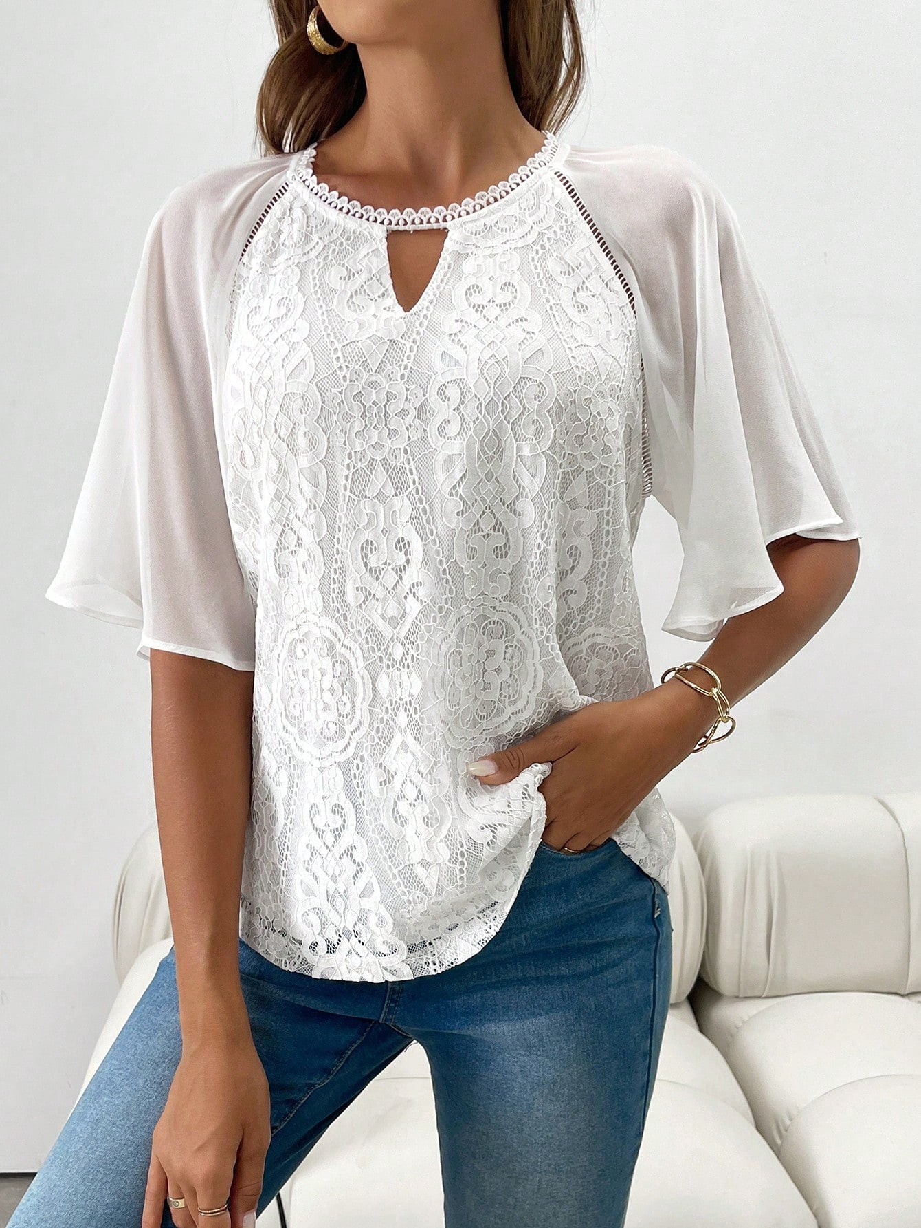 Elegant Lace Patchwork Chiffon Short Sleeve Blouse For Women, Spring/Summer