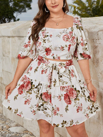 Elegant Printed Plus Size Two-Piece Set With Small Square Collar