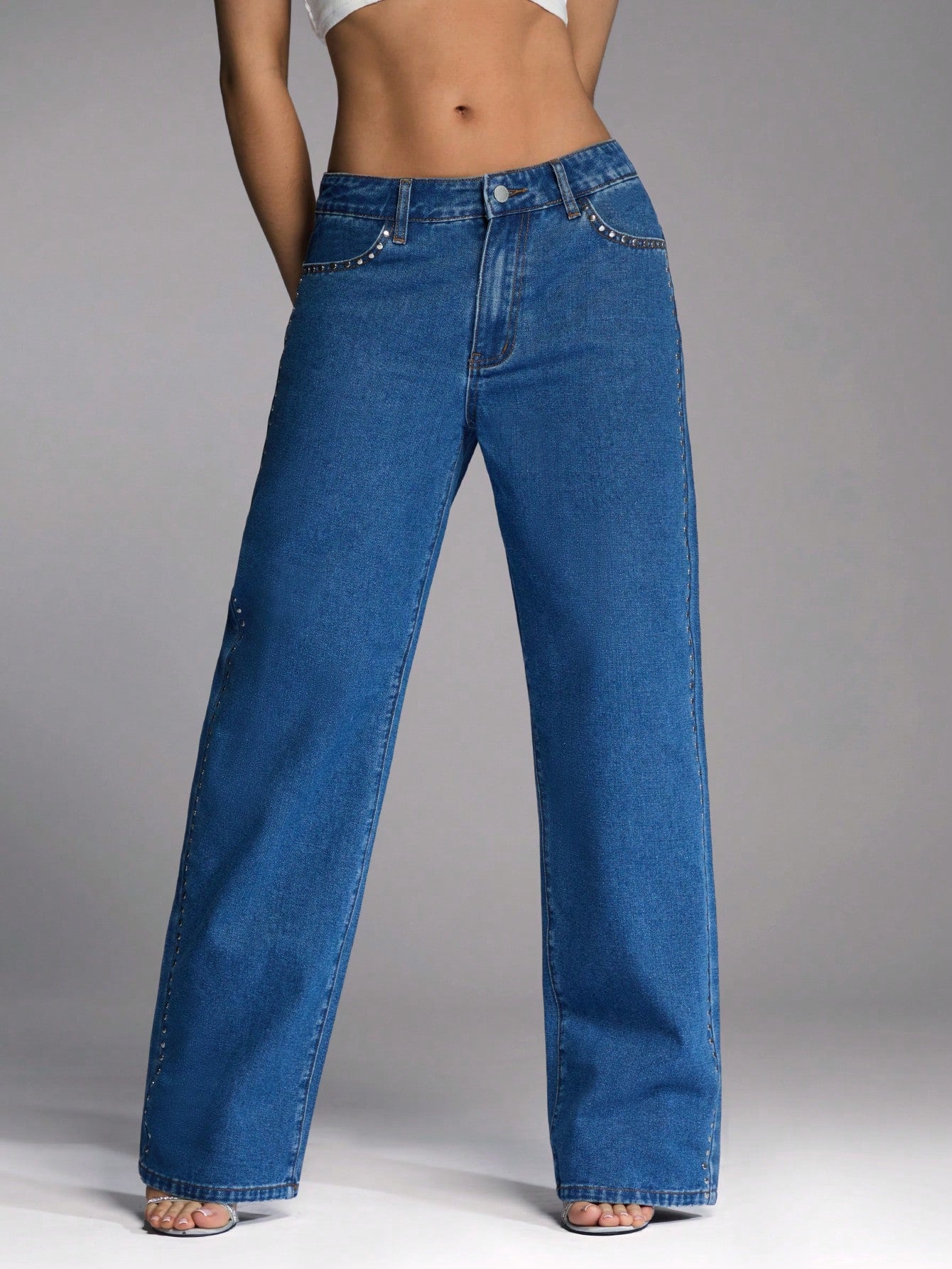 Heavy Metal Treated High Waist Wide Leg Blue Casual Jeans