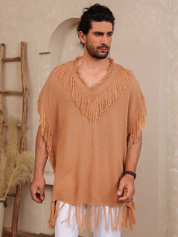 Men's Linen Solid Color Knit Fringe V-Neck Summer Casual Holiday Top