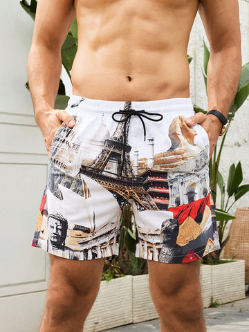 Men's Vacation Landmark Printed Drawstring Waist Beach Shorts