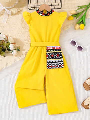 Young Girl Fashionable Summer Simple Printed Stand Collar Cap Sleeve Jumpsuit With Cinched Waist