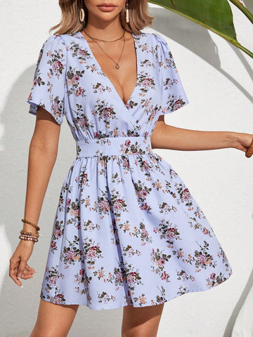 Summer Vacation Ditsy Floral Printed Deep V-Neck Cinched Waist Dress