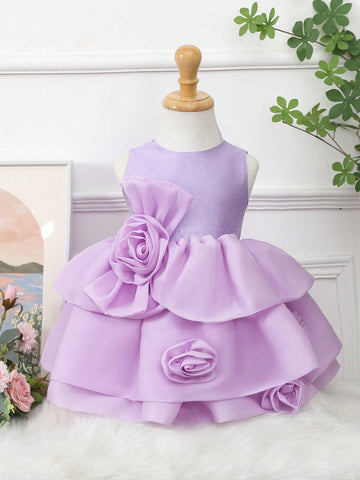 Baby Girl Summer Elegant Solid Color Puffy Dress With Floral Decoration