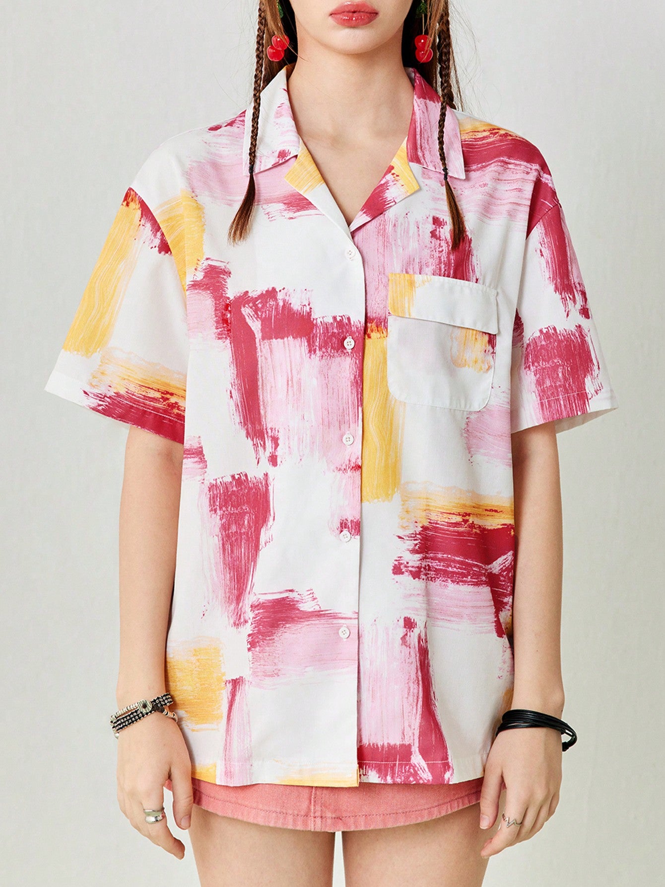 Women's Oil Painting Abstract Pattern Print Loose Casual Shirt With Pockets