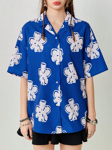 Women's Loose Casual Blue Shirt With Flower Print