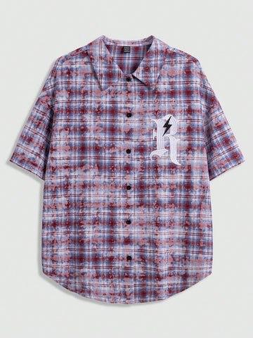 Spring And Summer Casual Washed-Out Plaid Letter Embroidered Short-Sleeved Shirt