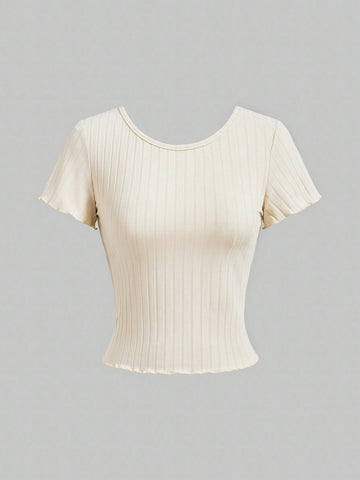 New Spring Summer Women's Round Neck T-Shirt With Cinched Waist And Back Tie Design, Slimming Effect