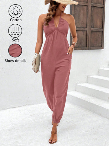 Women's Fashion Solid Color Halter Jumpsuit