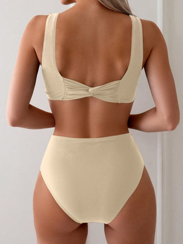 Women's Summer Beach Solid Color Back Knot Sexy Bikini Set