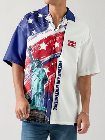 Men's USA Shirt,Fashionable Colorblock Woven Casual Shirt With USA Flag Design, Printed Short Sleeve Summer Usa Top,Lightweight And Breathable Summer  Outfit ,Independence Day 4th Of July Celebration Style