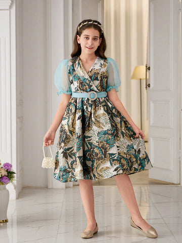 Tween Girl's Elegant Floral Jacquard & Organza Splice Dress With Rhinestone Buckle Belt