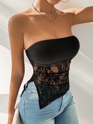 Solid Color Asymmetrical Hem Lace Bandeau Top For Women