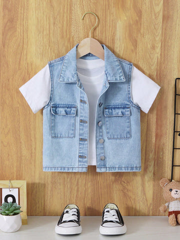 Young Boy Handsome Loose Workwear Denim Vest With Big Pockets