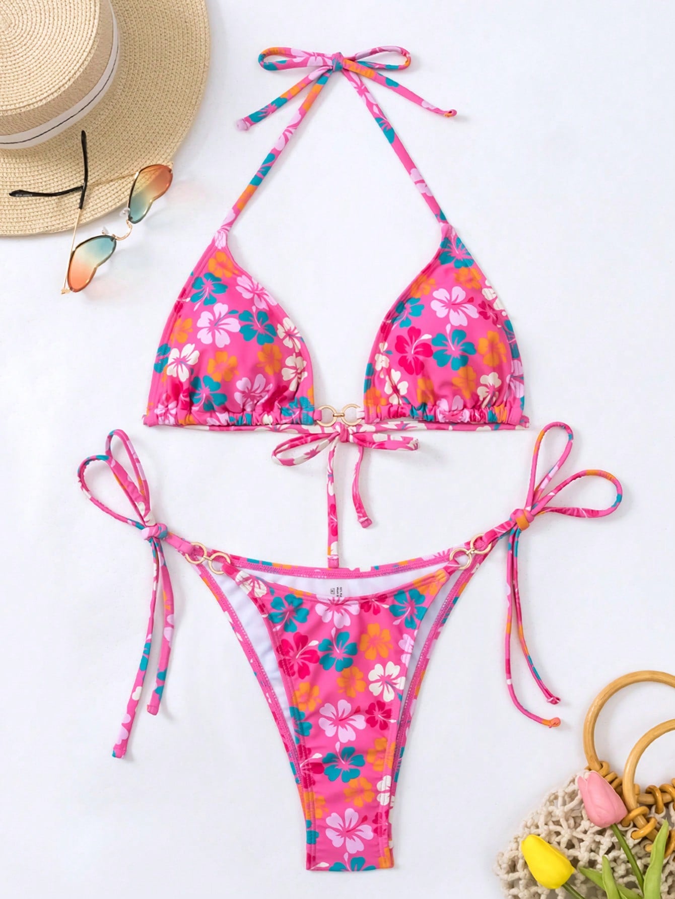 Summer Beach Floral Print Halter Triangle Bikini Set