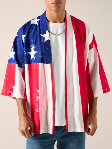 Men's Summer Casual American Flag Print 3/4 Sleeve Japanese Yukata Shirt, USA Shirt