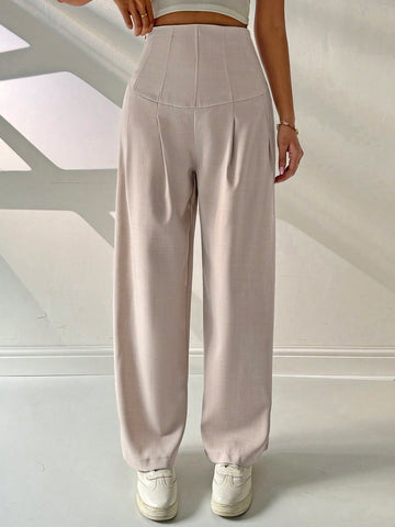 High Waist Plicated Detail Straight Leg Pants