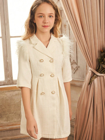 Tween Girls' Elegant Half Sleeve Dress With Suit Collar, Double-Breasted And Fluffy Shoulders Decoration