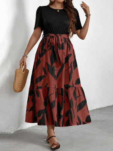 Plus Size Round Neck Belted Ruffle Edge Short Sleeve Dress With Random Print, Ideal For Vacation