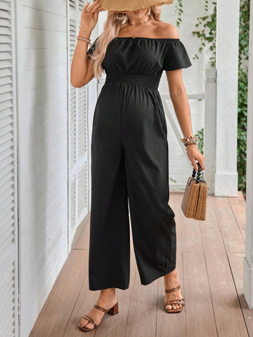 Maternity Holiday Leisure Solid Color Off-Shoulder High-Waist Jumpsuit