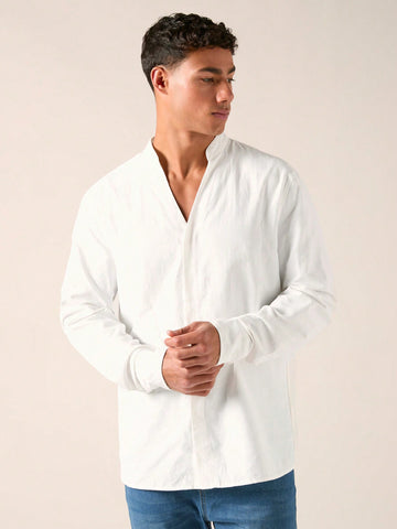 Men's Spring/Summer Solid Color Notched V-Neck Long Sleeve Woven Casual Shirt