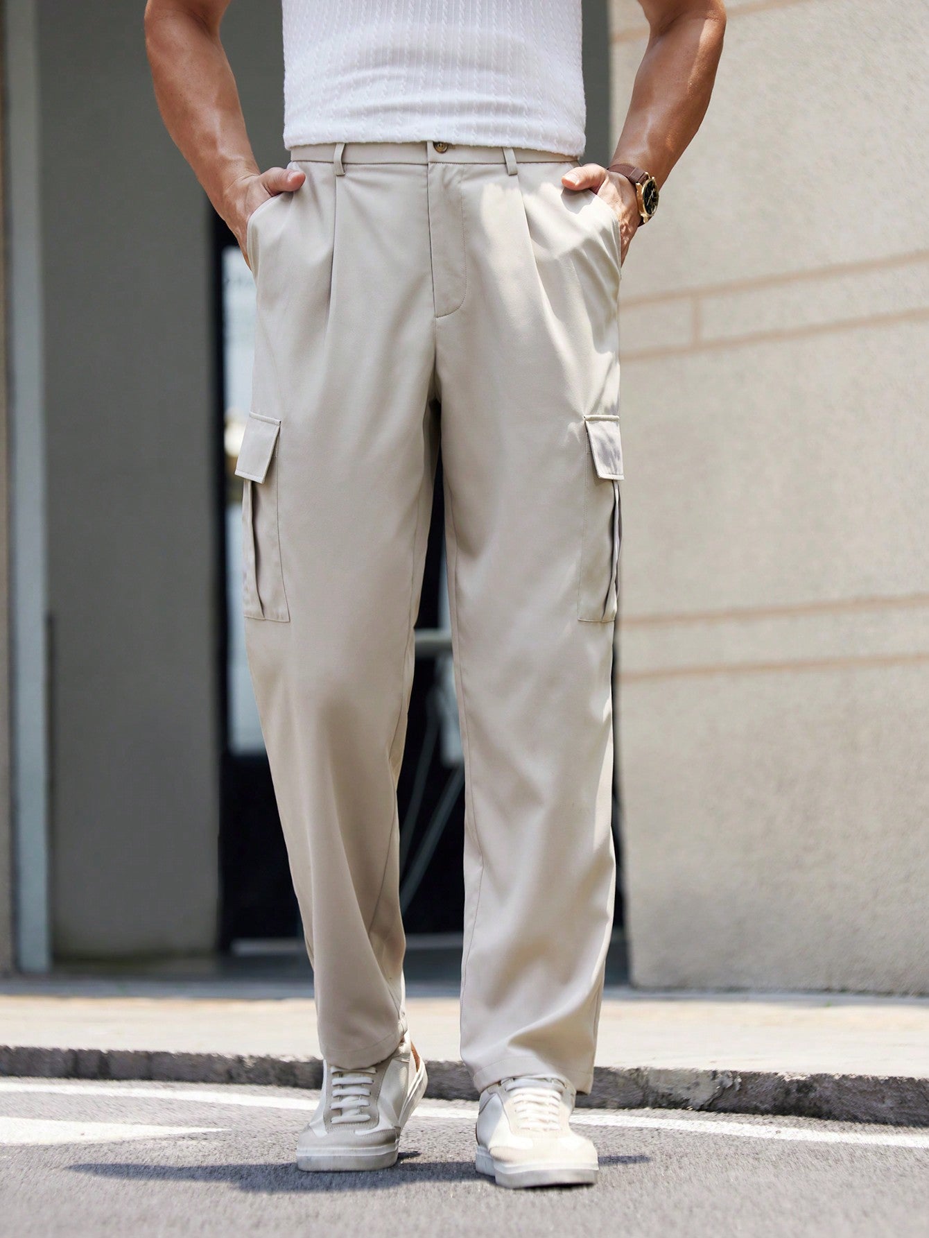 New Men's Solid Color Woven Mid-Rise Long Straight Casual Tapered Pants, Suitable For Daily Wear In Spring And Summer