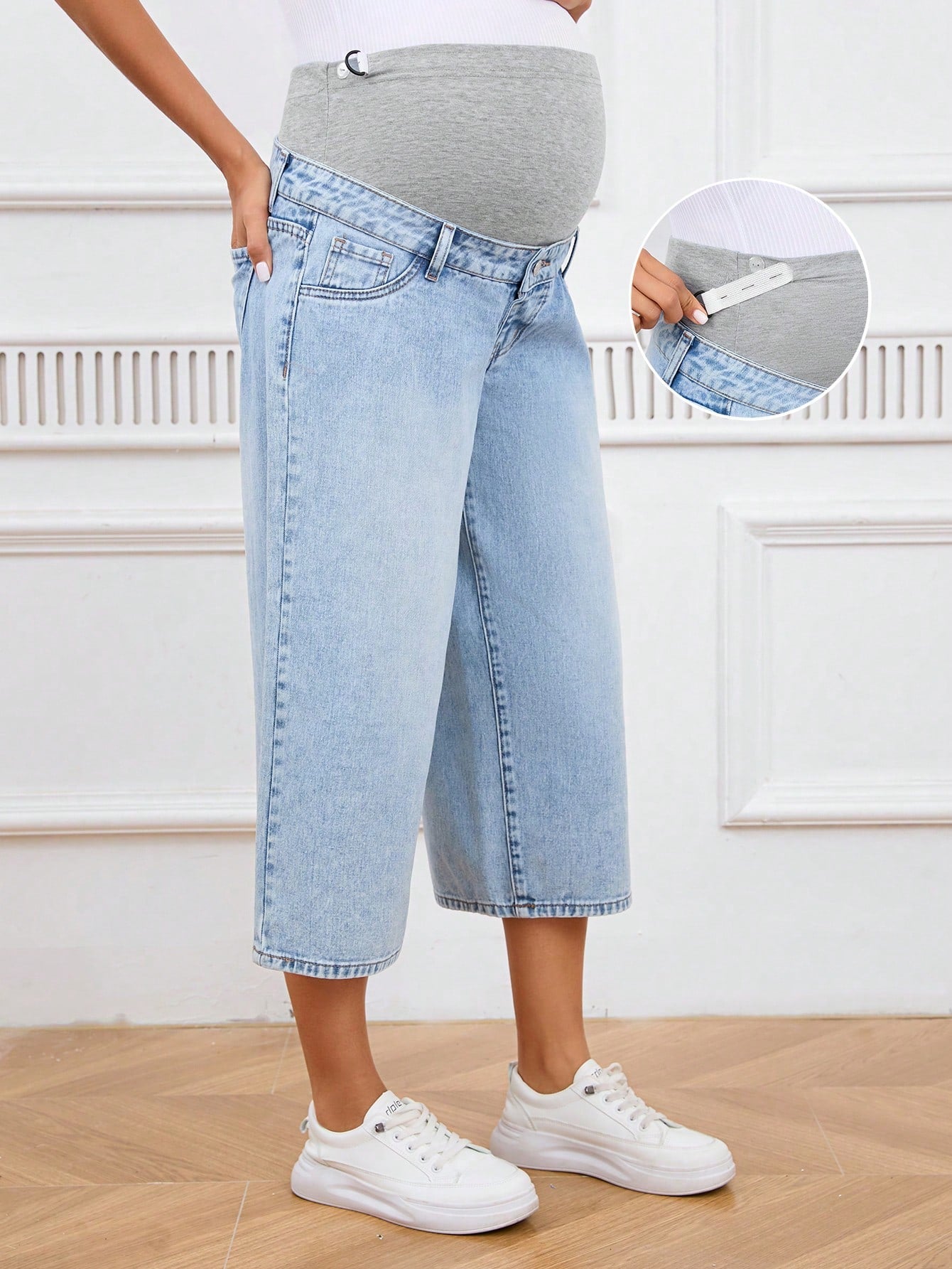 Maternity Casual Seven-Point Denim Pants With Pockets, Summer