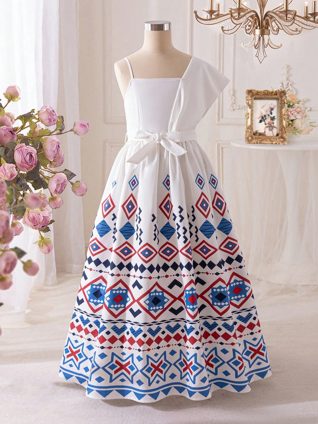 Tween Girl Cute Geometric Pattern Shoulder Patchwork Decorated Dress