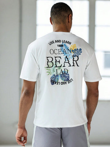 Men's Slogan Tropical Plant Printed Round Neck Short Sleeve Sports T-Shirt