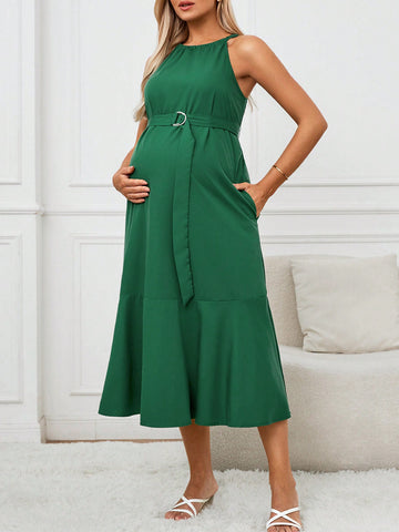 Maternity Casual And Commuting Halter Long Dress With Pocket