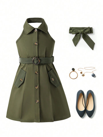 Young Girl Cool Style Woven Halterneck Dress With Belted Waist And Buttoned Front, Spring/Summer