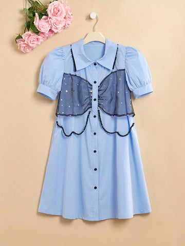 Tween Girl Front Button Bow Organza Detail Shirt Dress