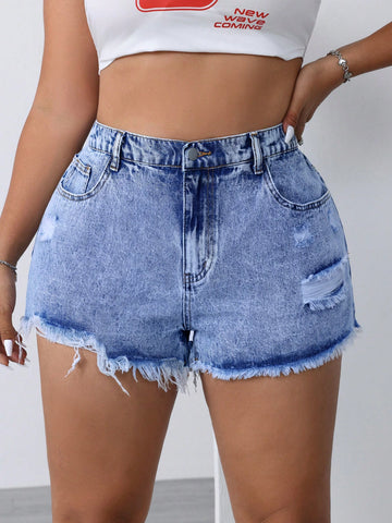 Plus Size Solid Color Frayed Ripped Denim Shorts With Pockets, Summer Casual Wear