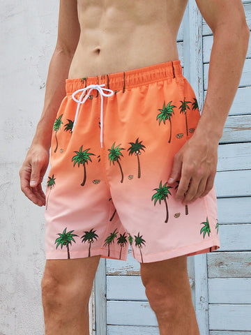 Men's Summer Palm Tree Printed Drawstring Waist Beach Shorts