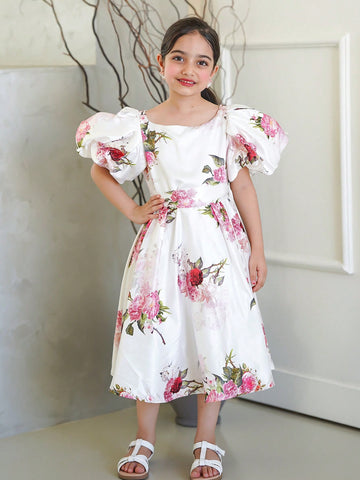 Tween Girl Loose Cute Round Neck Puff Sleeve Floral Pattern Mid-Long Dress