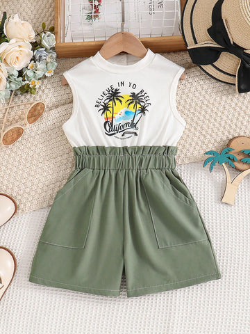 Young Girl Casual Knitted Ribbed Jumpsuit With Tropical Coconut Tree & Letter Print, Patchwork Contrast Color, Pockets & Bowknot Detail