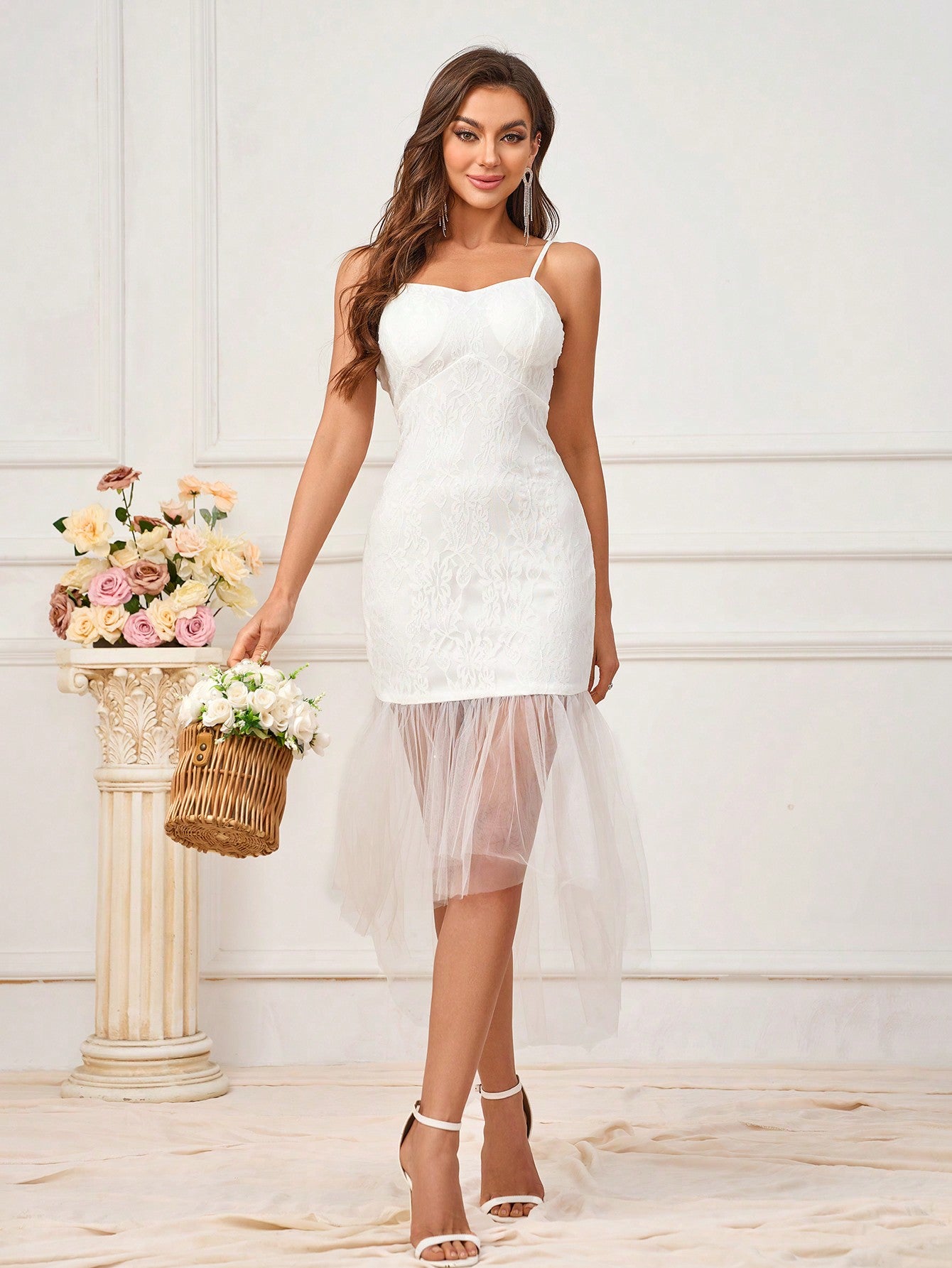 Women's Mesh Splice Banquet Camisole Bridesmaid Dress