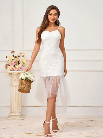 Women's Mesh Splice Banquet Camisole Bridesmaid Dress