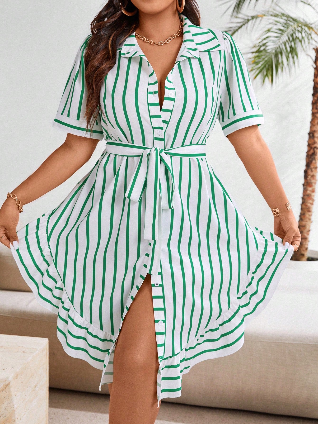 Plus Size Striped Floral Print Ruffle Hem Belted Short Sleeve Summer Dress