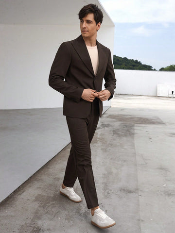 Men's Business Style Solid Color Long Sleeved Suit With Trousers