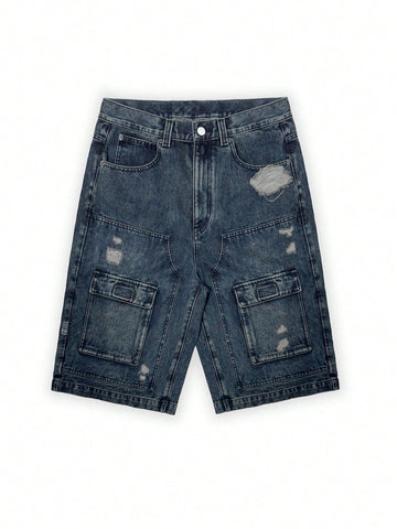 Men's Washed Distressed Multi-Pocket Denim Cargo Baggy Shorts Knee Length Baggy Jeans For Summer