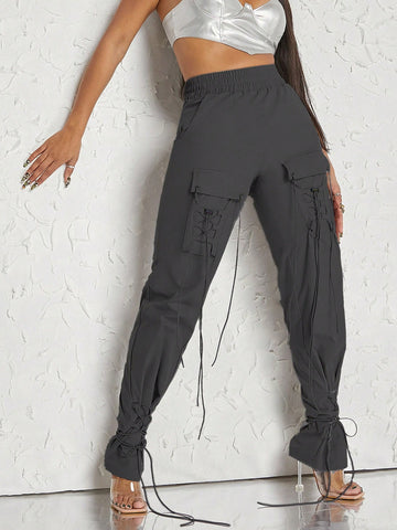 Flap Pocket Lace Up Hem Cargo Pants