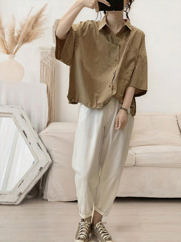 Women Loose Casual Shirt With Pocket And Drop Shoulder For Summer, Solid Color