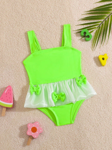 Baby Girls' Swimsuit Set, Fluorescent Green Suspender Bowknot Swimwear With Tutu Skirt, Comfortable Fabric, Ideal For Beach Vacation Swimming, Sweet Casual & Cute Style