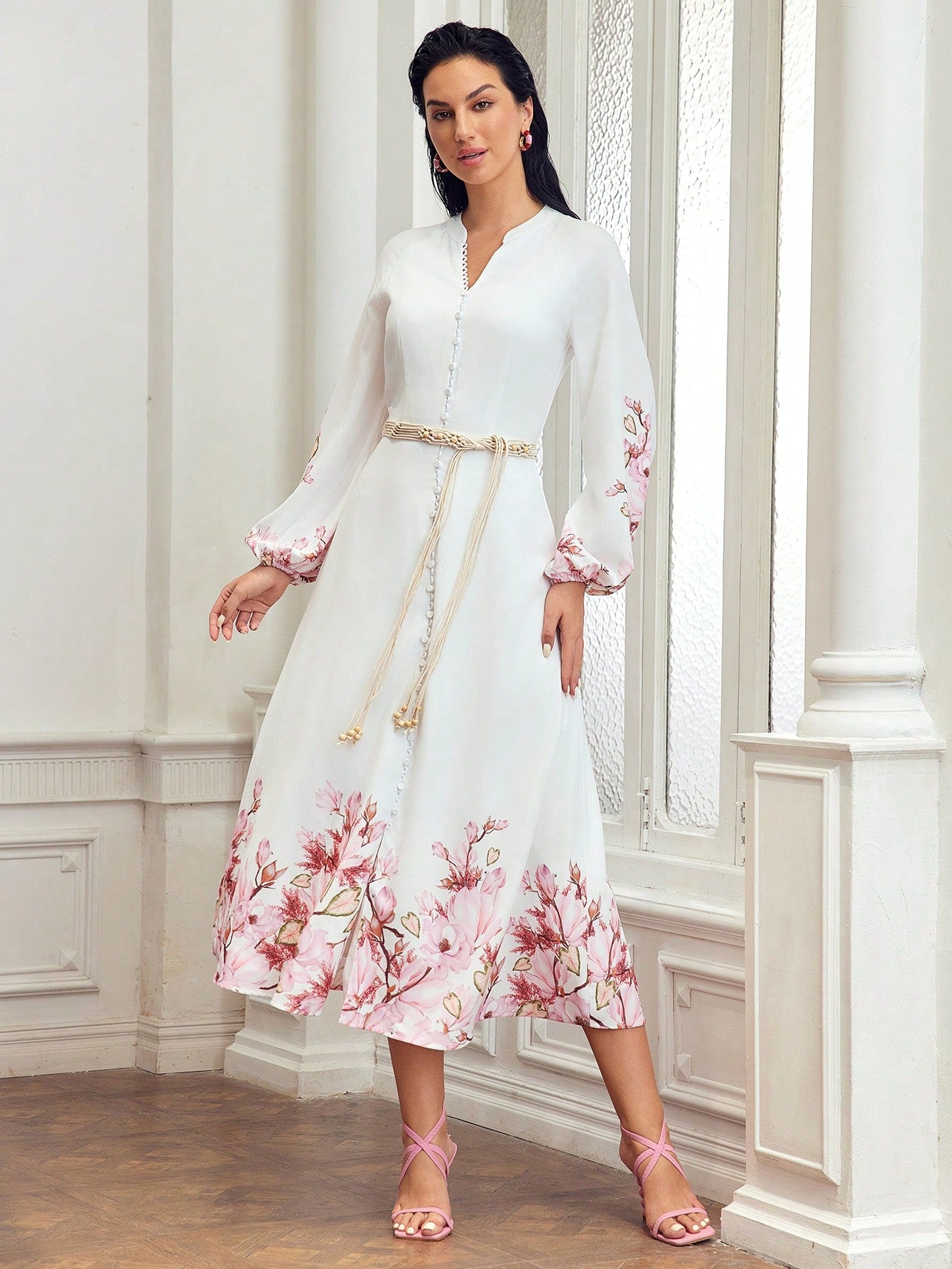 FLORAL PRINT NOTCH NECK LANTERN SLEEVE DRESS