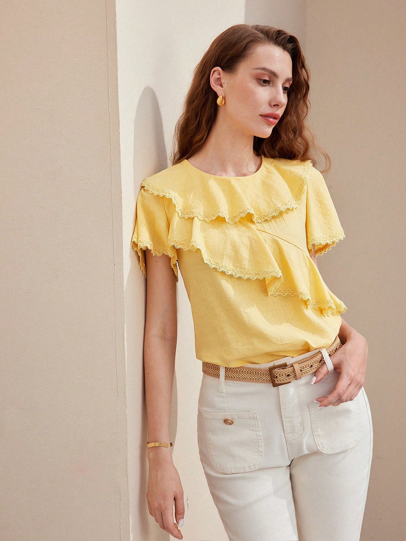 SOLID CONTRAST LACE RUFFLE TRIM FLUTTER SLEEVE BLOUSE